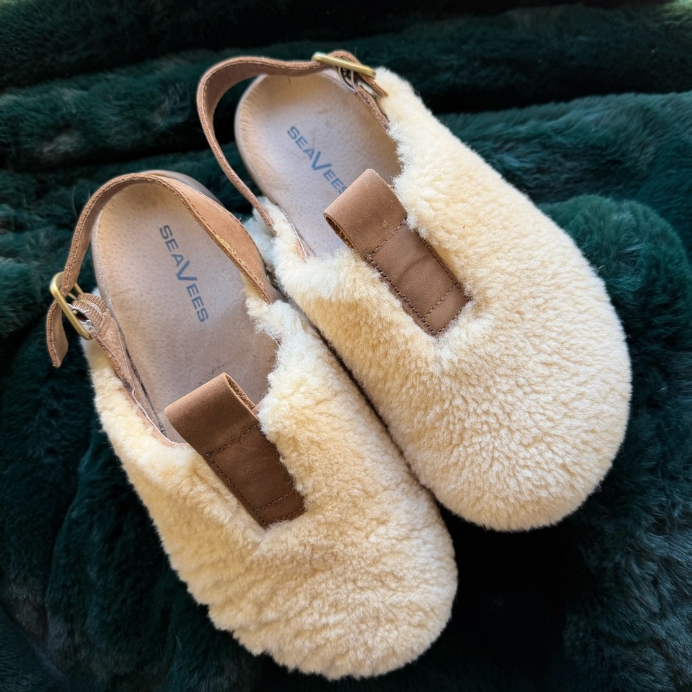 Seavees Cream Shearling Clogs with Tan Strap - Picture 3 of 10